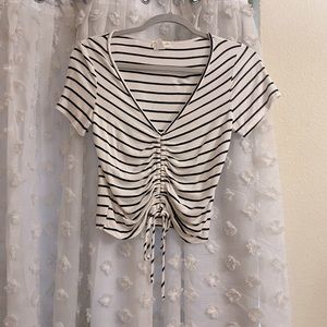 Gaze White Black Nautical Shortsleeved crop top ruched cinching detailing